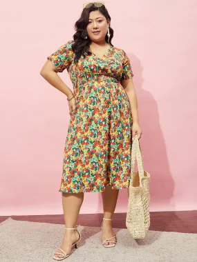 Berrylush Women Plus Size Red, Yellow, & Green Floral Printed V-Neck Crepe Flared Wrap Midi Dress