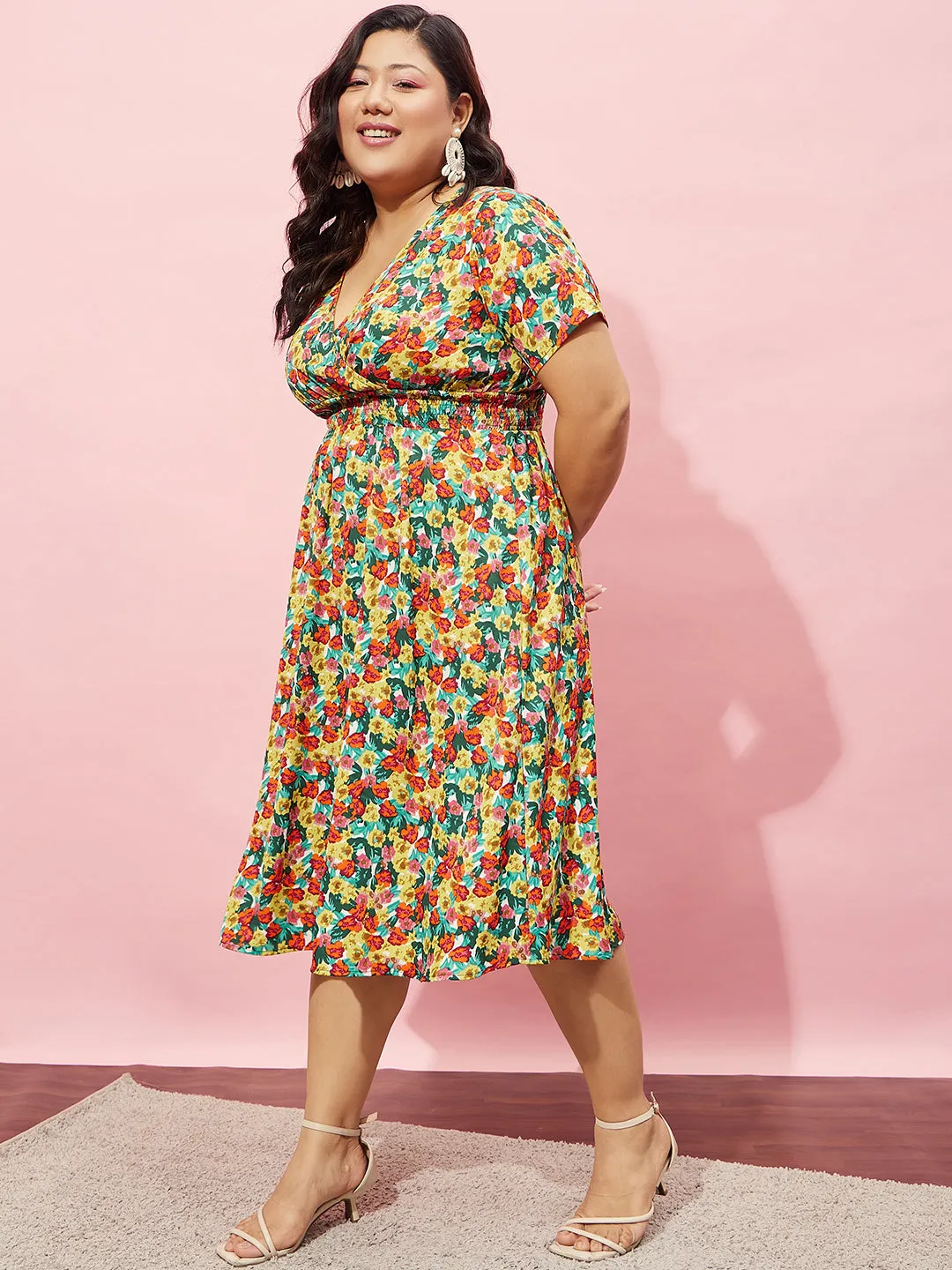 Berrylush Women Plus Size Red, Yellow, & Green Floral Printed V-Neck Crepe Flared Wrap Midi Dress