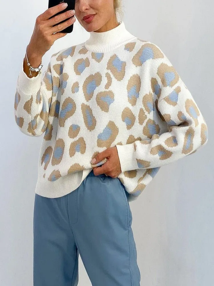 Bianca Leopard Print Turtleneck Oversize Jumper