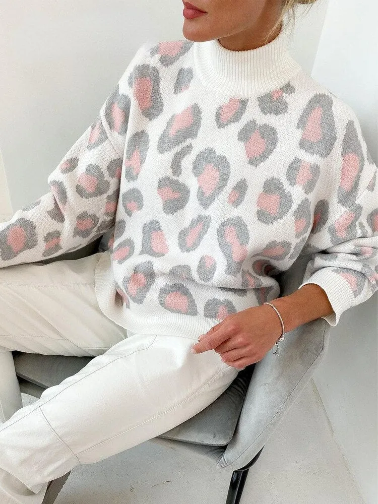 Bianca Leopard Print Turtleneck Oversize Jumper