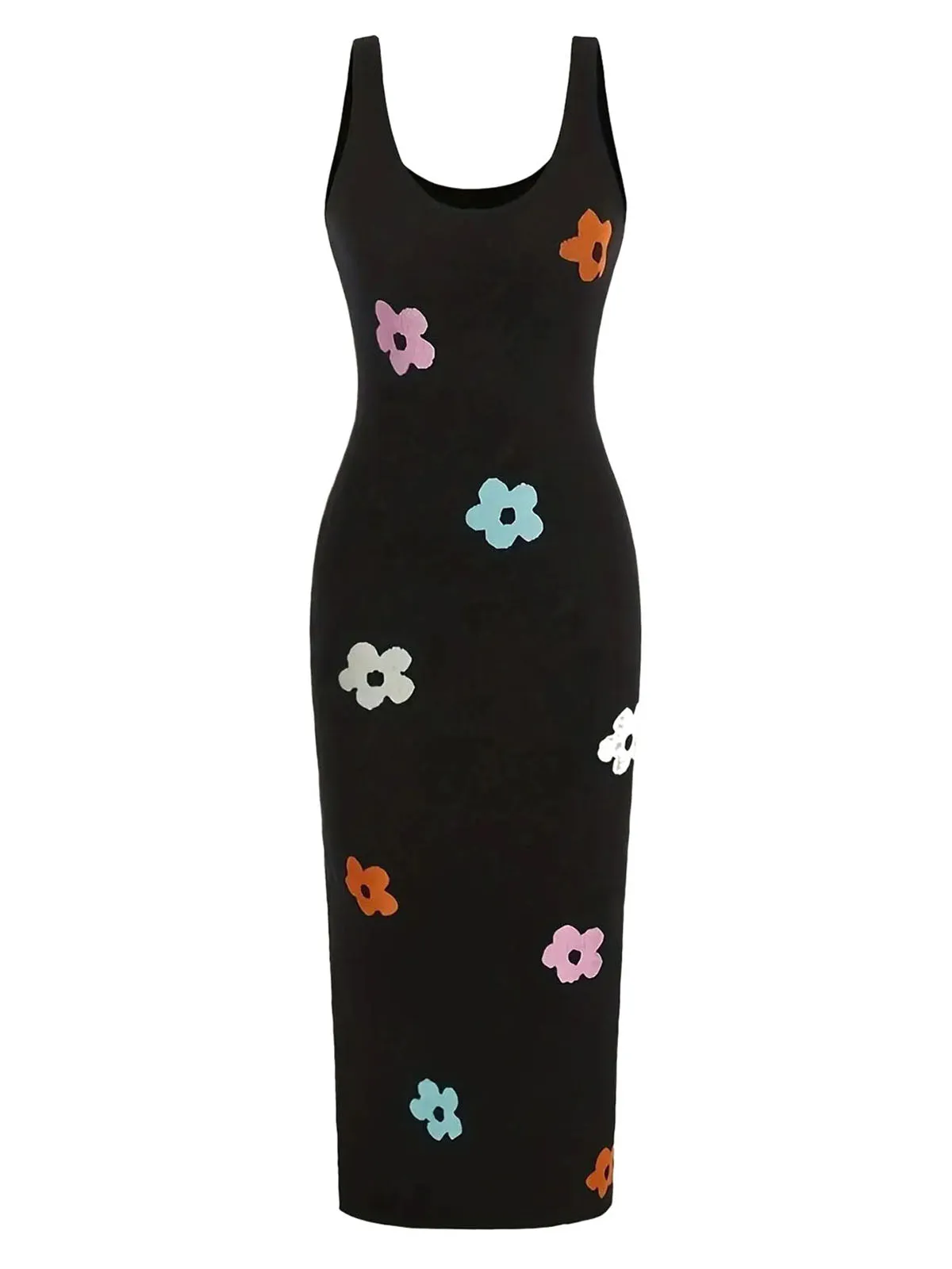 Black 1960s Knitted Round Neck Floral Vest Dress