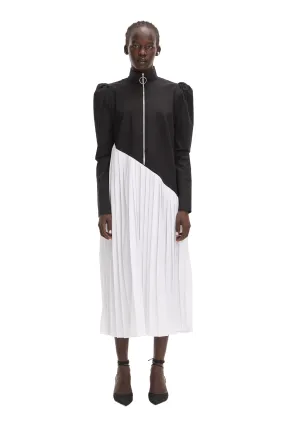 Black & White Puff Long Sleeve High Neck Pleated Belted Zip Front Futuristic Midi Dress