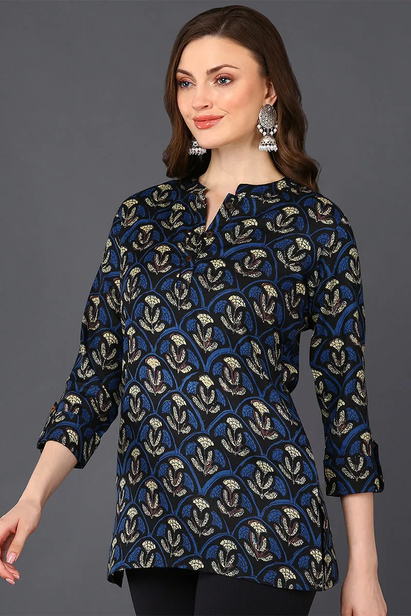 Black Cotton Blend Ethnic Motifs Printed Straight Tunic