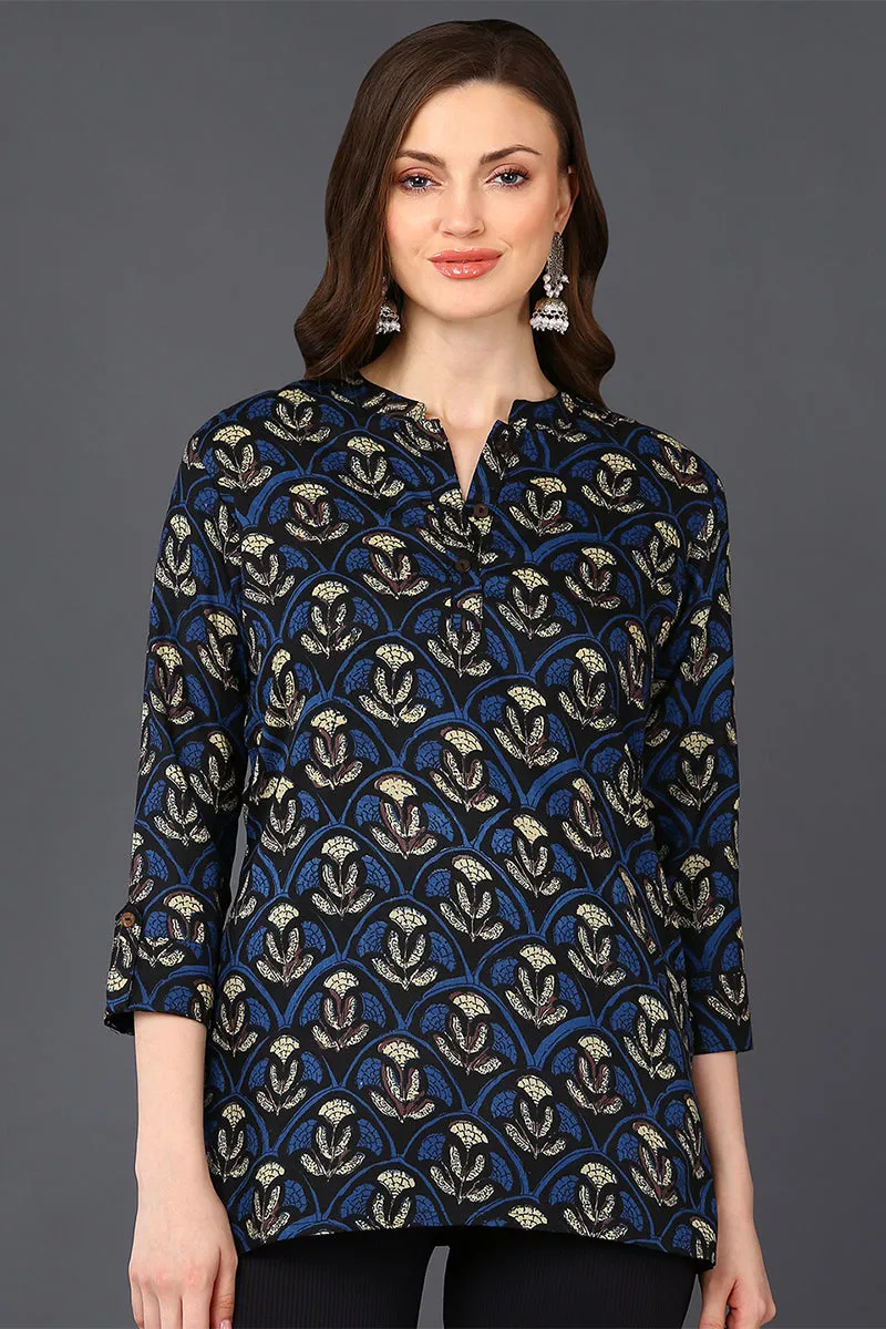 Black Cotton Blend Ethnic Motifs Printed Straight Tunic