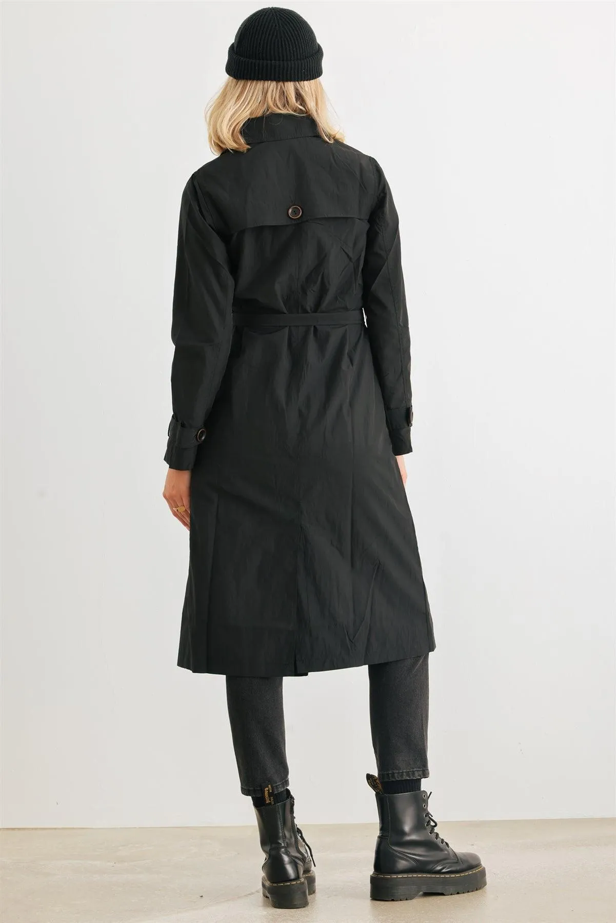 Black Double-Breasted Two Pocket Belted Collared Neck Trench Coat /3-2-1