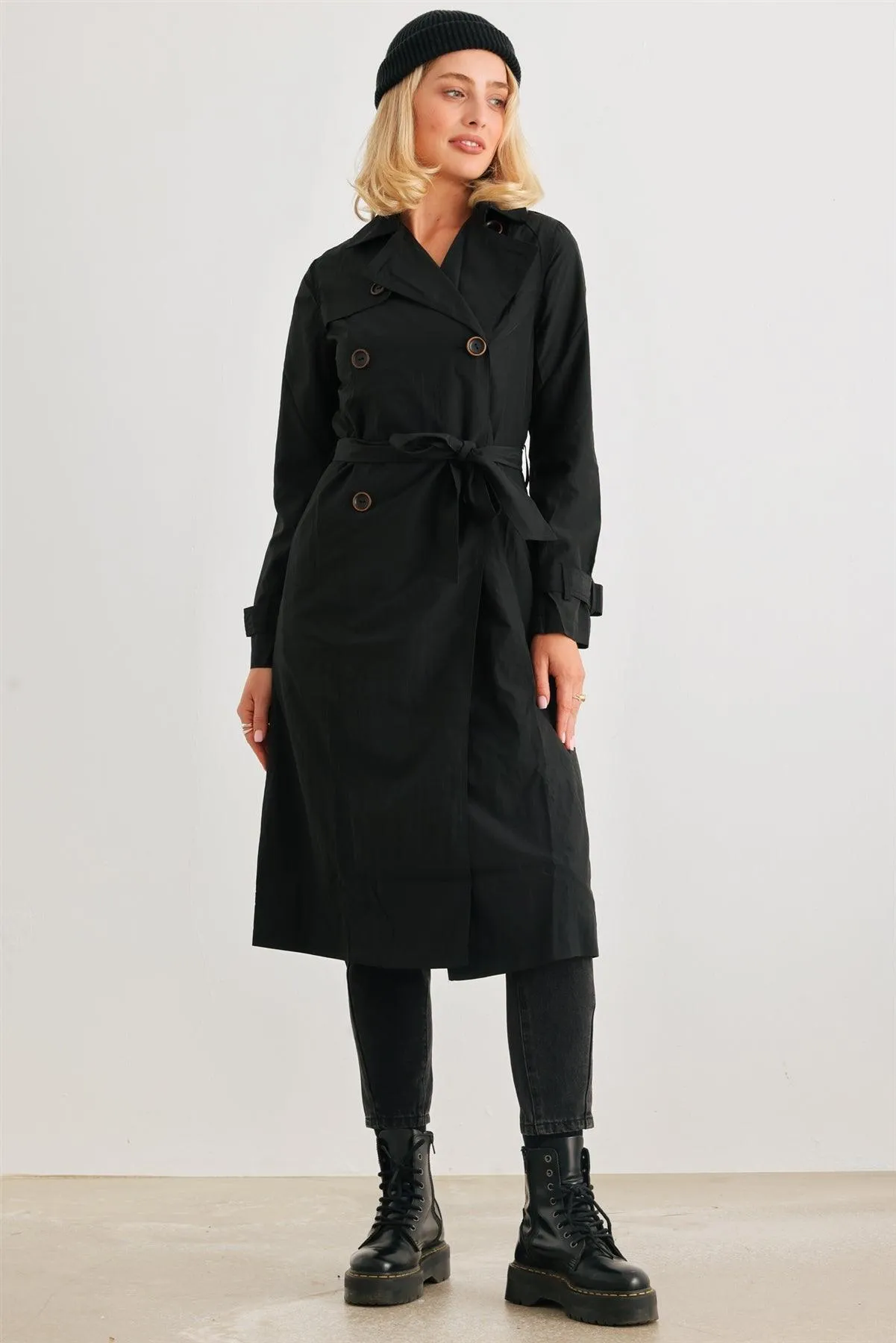 Black Double-Breasted Two Pocket Belted Collared Neck Trench Coat /3-2-1