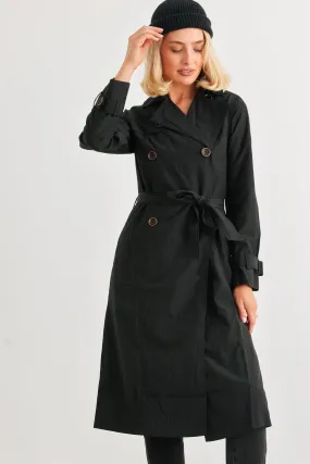 Black Double-Breasted Two Pocket Belted Collared Neck Trench Coat /4-2