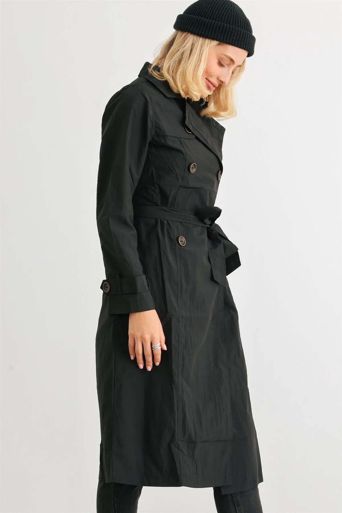 Black Double-Breasted Two Pocket Belted Collared Neck Trench Coat /4-2