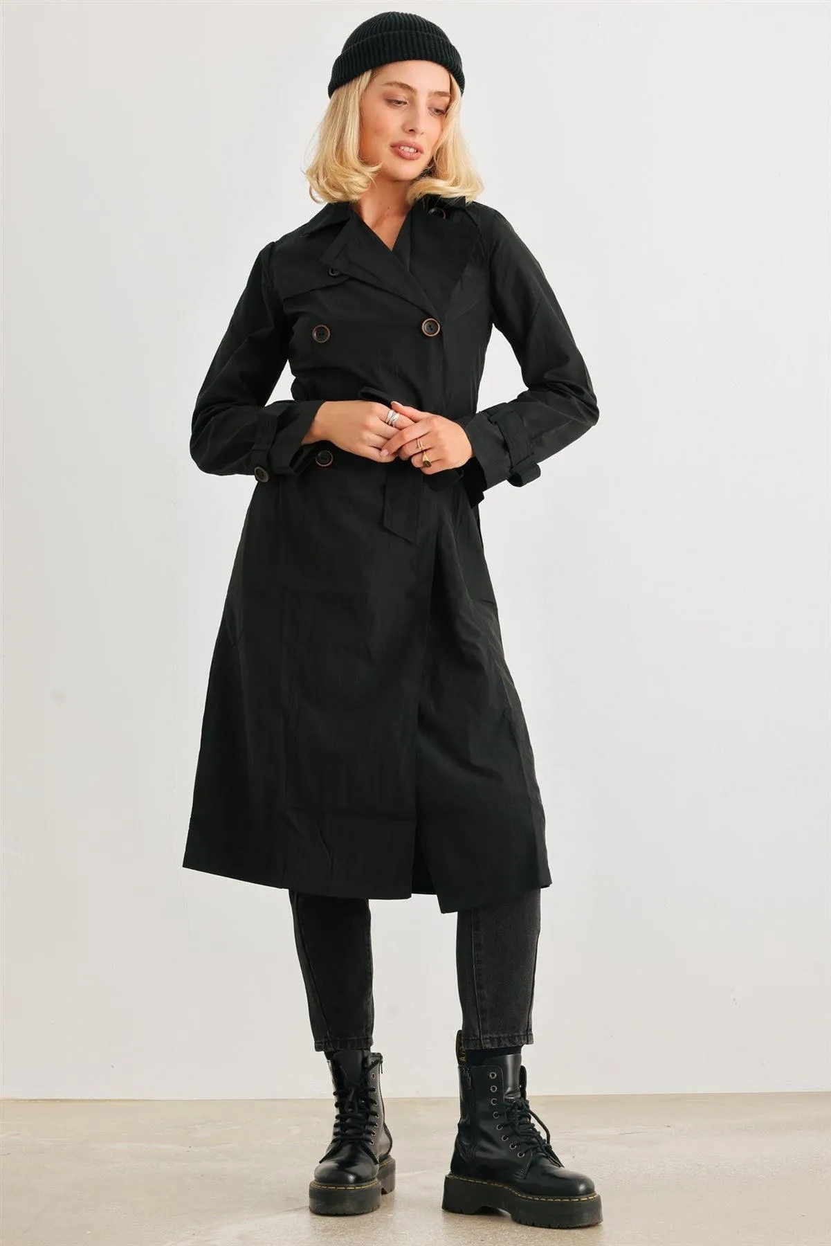 Black Double-Breasted Two Pocket Belted Collared Neck Trench Coat /4-2