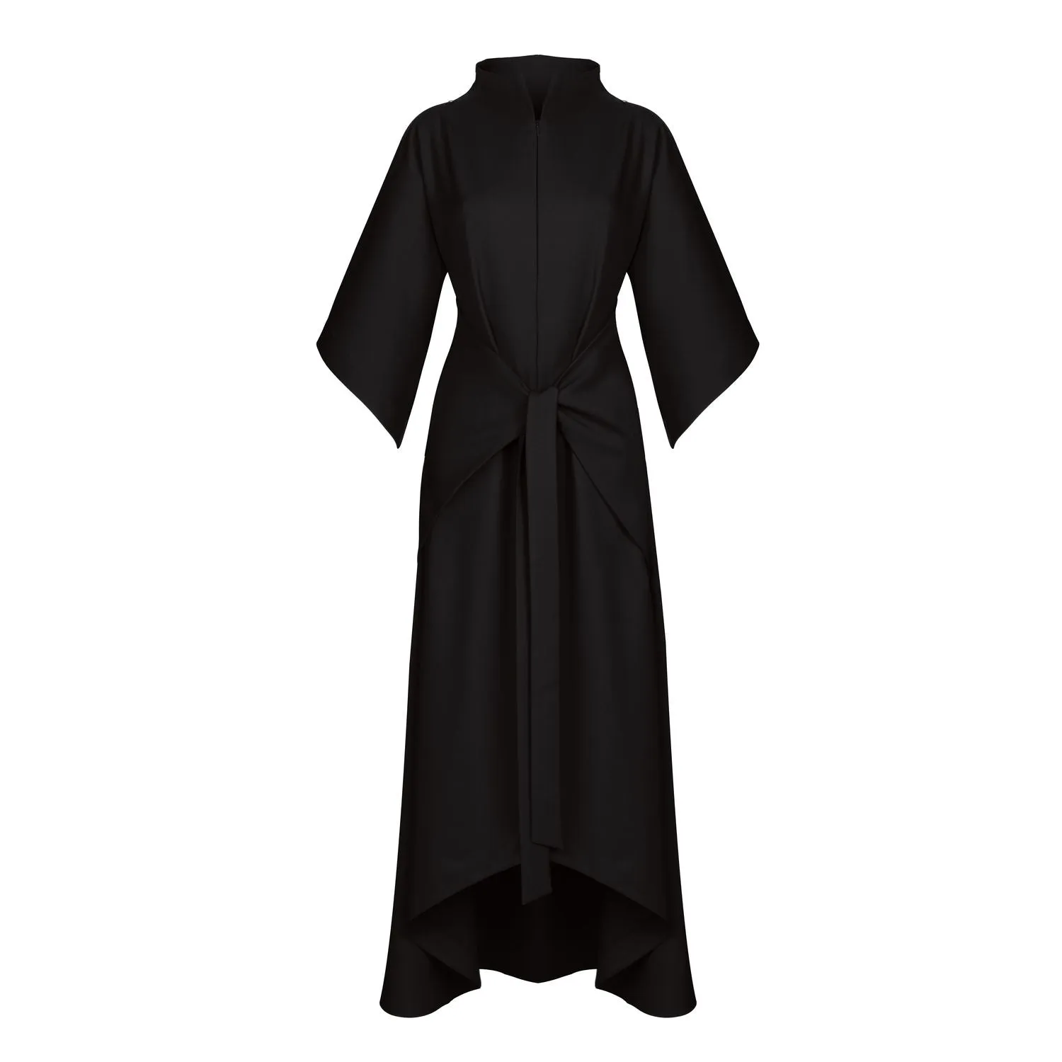 Black Kimono Sleeve High Neck Asymmetrical Belted Futuristic Maxi Dress