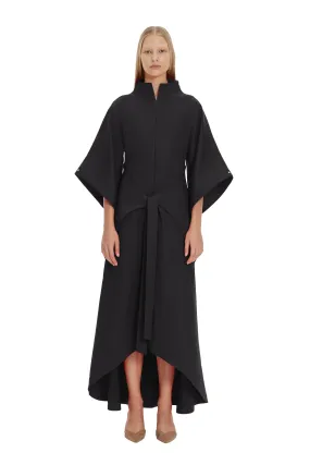 Black Kimono Sleeve High Neck Asymmetrical Belted Futuristic Maxi Dress