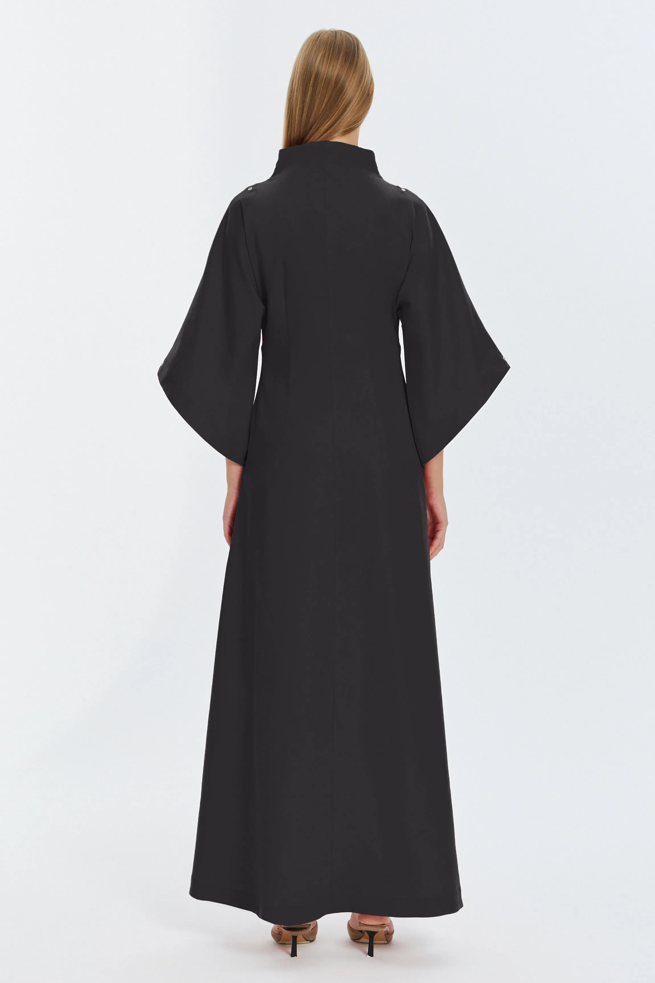 Black Kimono Sleeve High Neck Asymmetrical Belted Futuristic Maxi Dress