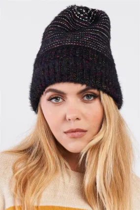 Black Rainbow Knit Fuzzy Woven Beanie /3 Pieces