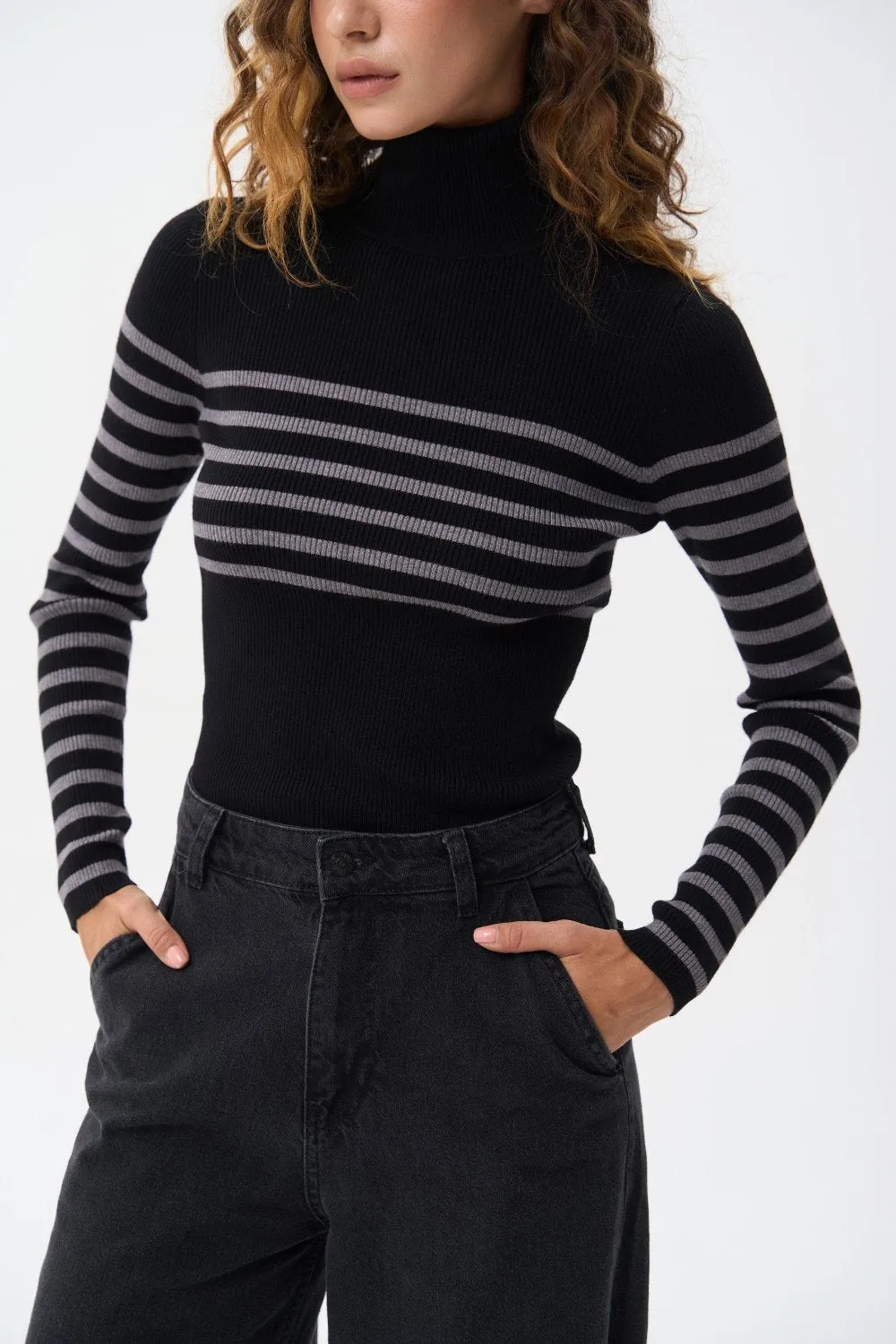 Black turtleneck sweater with a grey stripe