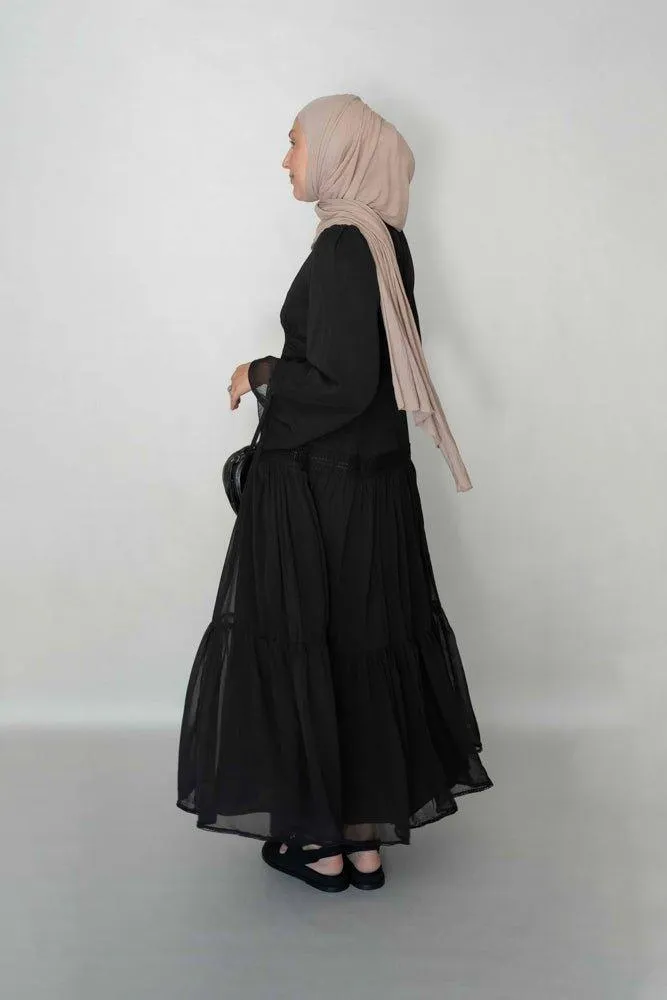 Black Vivvie classic chiffon dress lined not sheer with maxi sleeve and lace detail