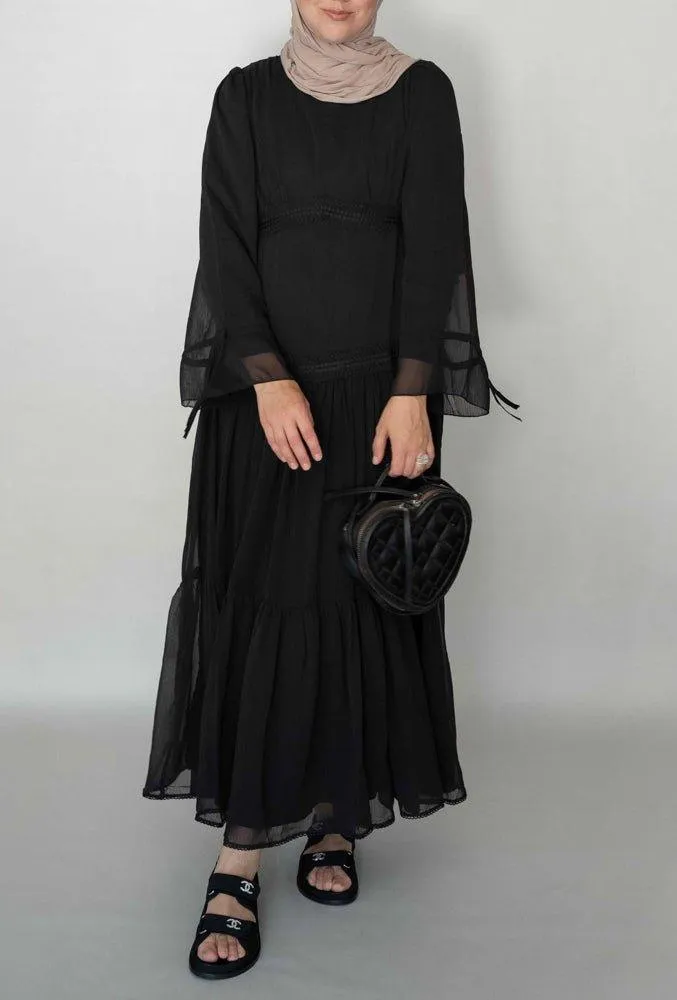 Black Vivvie classic chiffon dress lined not sheer with maxi sleeve and lace detail