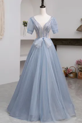 Blue Short Sleeve Tulle Floor Length Prom Dress with Beaded, Blue A-Line Evening Dress