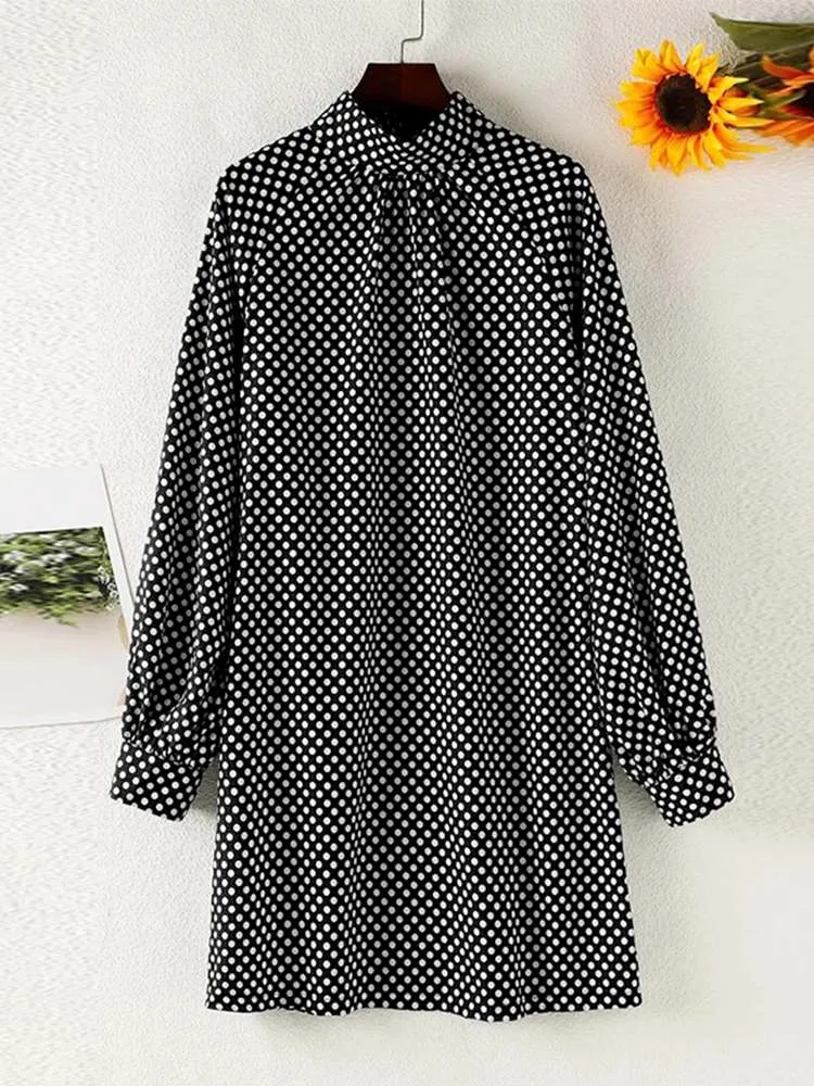 Bohemian Polka Dot Dress for Women - Loose Fit Turtleneck Knee-Length Summer Dress