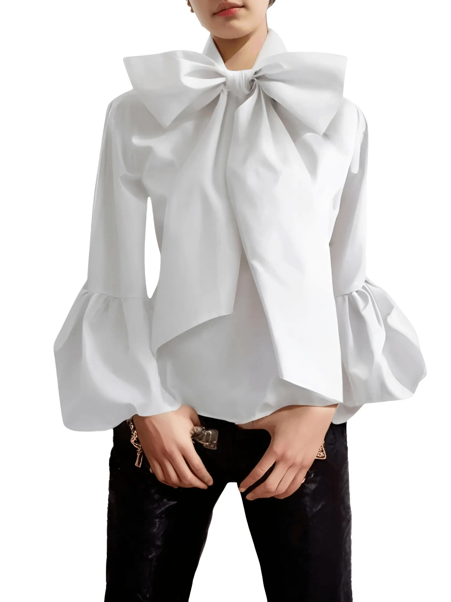 Bow Knot Blouse Women's High Collar Shirt Lantern Sleeve Blouse Urban Women's Fashion Commuter Top