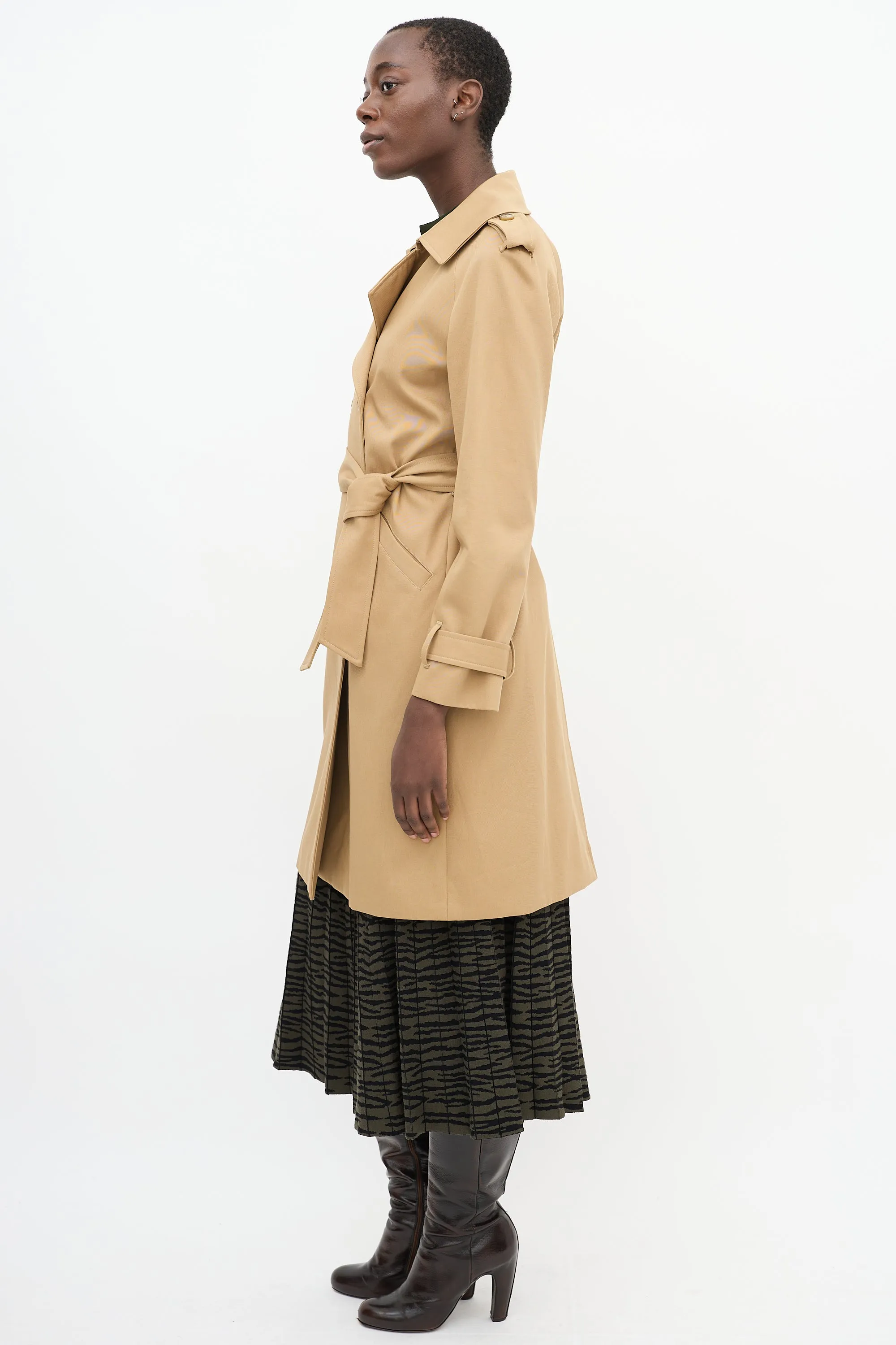 Brown Cotton Belted Mid Length Trench Coat