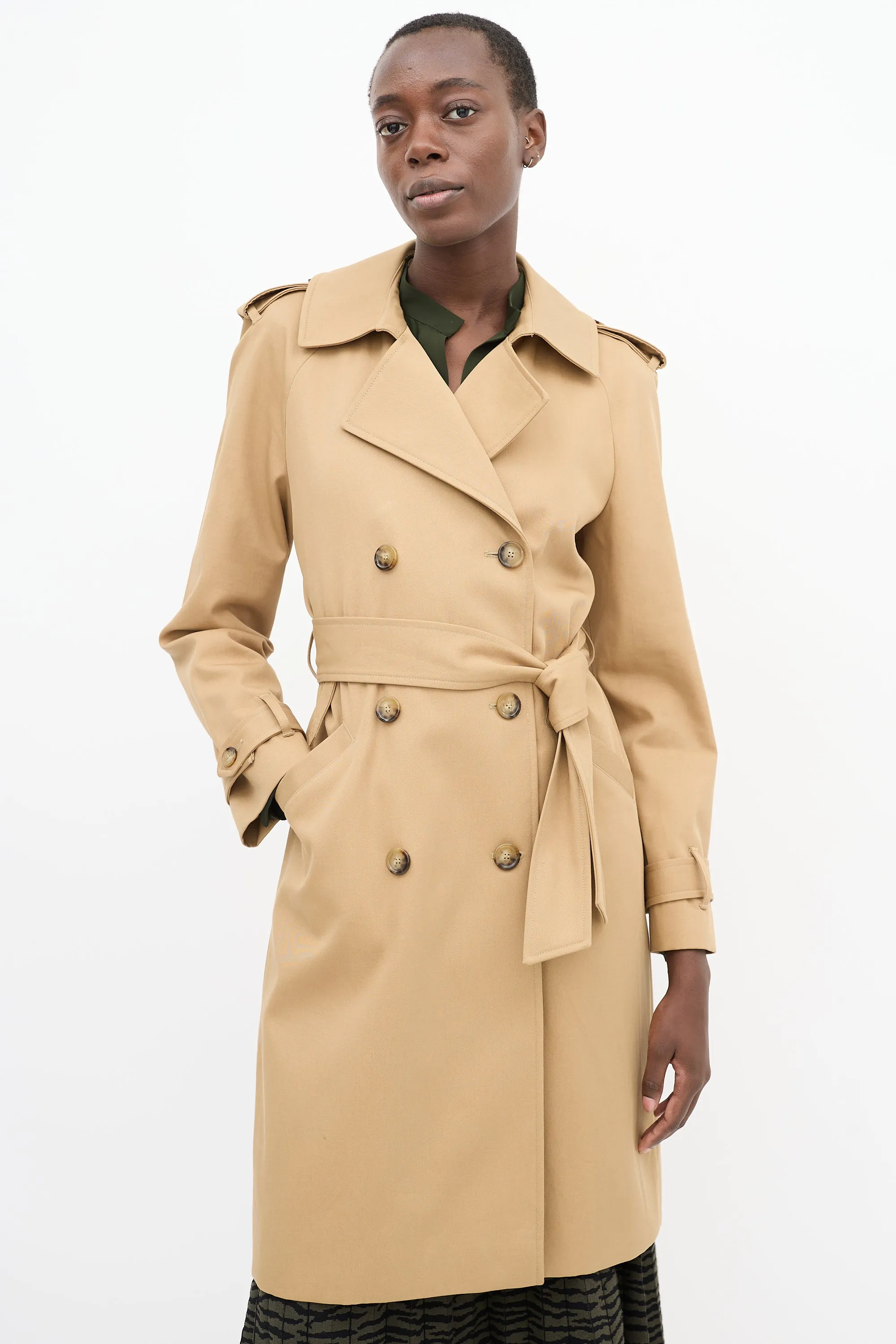 Brown Cotton Belted Mid Length Trench Coat