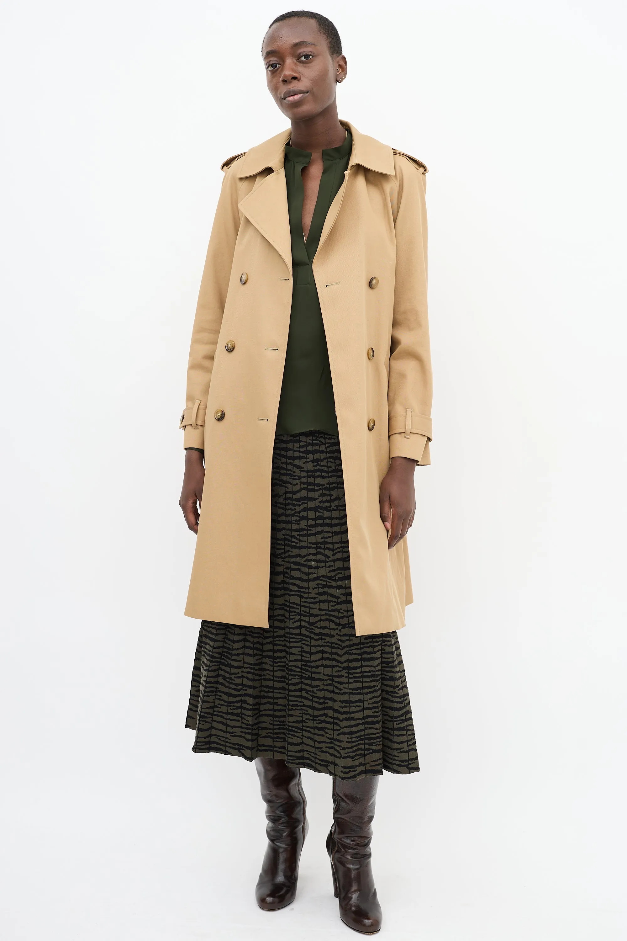 Brown Cotton Belted Mid Length Trench Coat