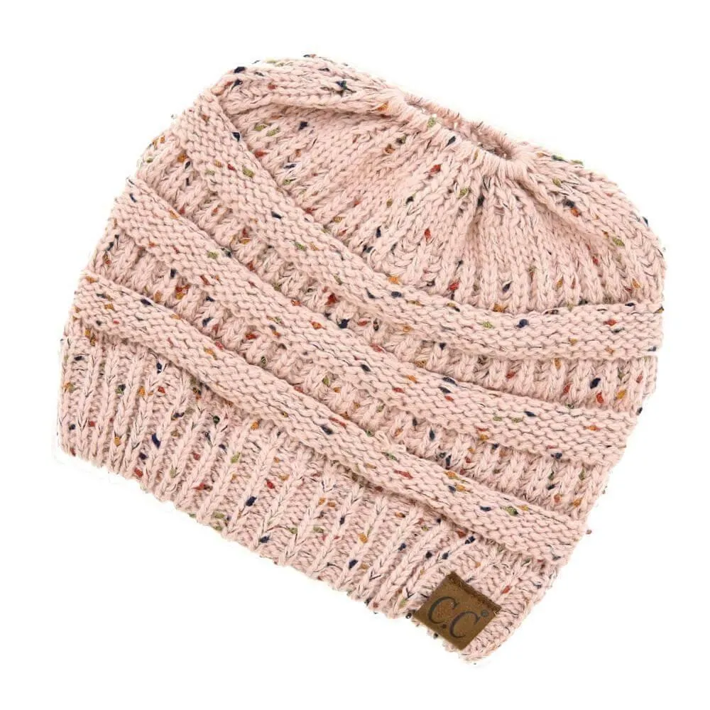 C. C Cable Knit Beanie Messy Bun/Ponytail Confetti Hat