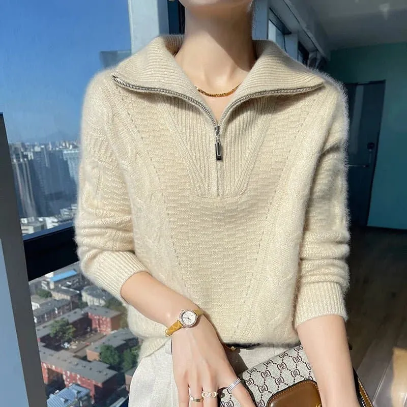 Casual Wool Pullovers with Stand-Up Collar & Zipper Closure