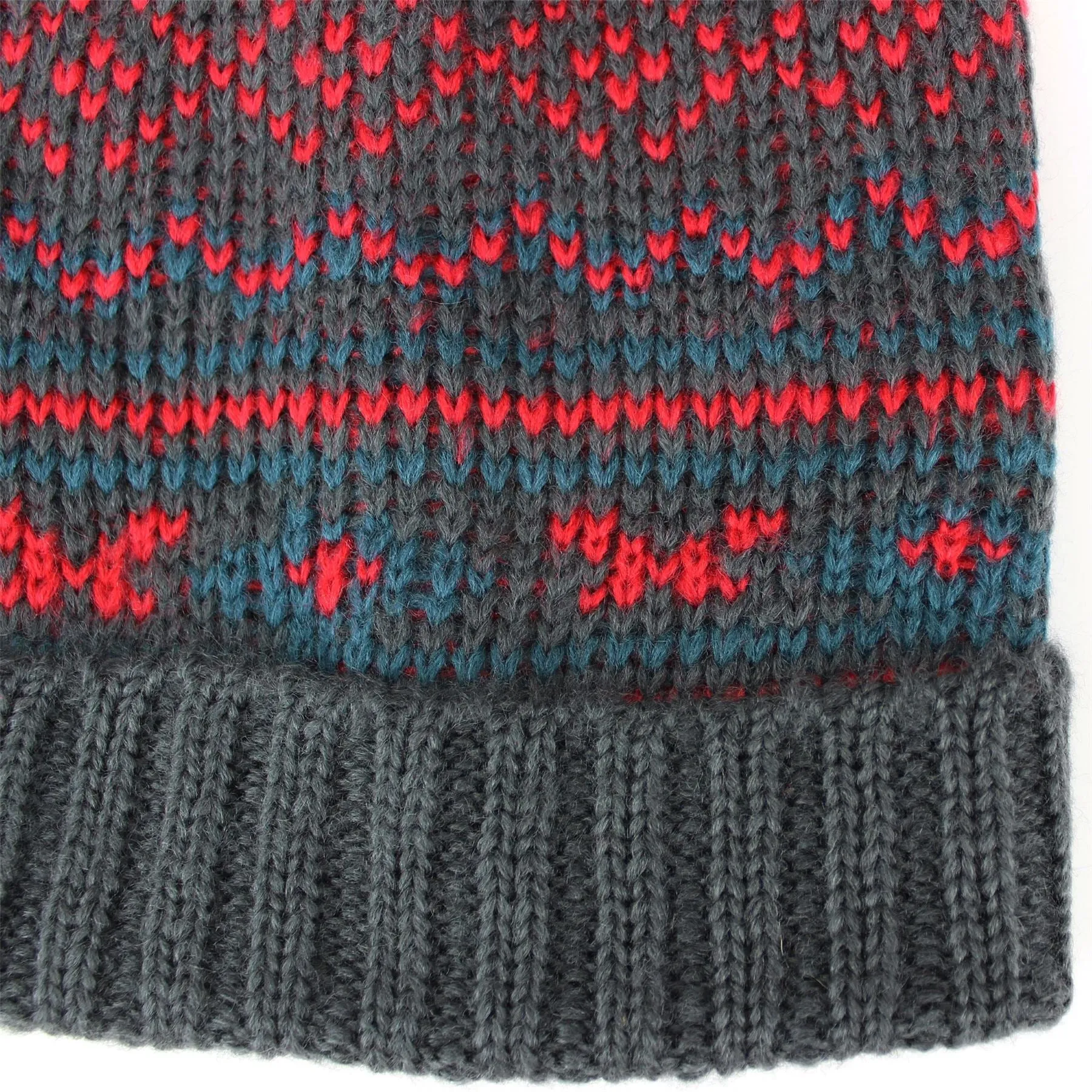 Chunky knit baggy bobble beanie hat with colourful fairisle pattern - Grey