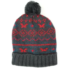 Chunky knit baggy bobble beanie hat with colourful fairisle pattern - Grey