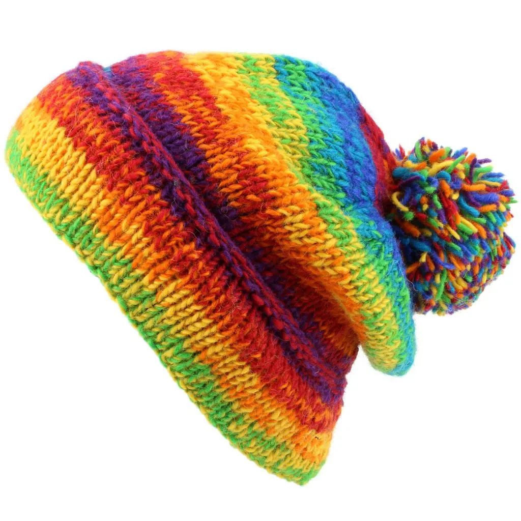 Chunky Wool Knit Baggy Slouch Beanie Bobble Hat - Rainbow