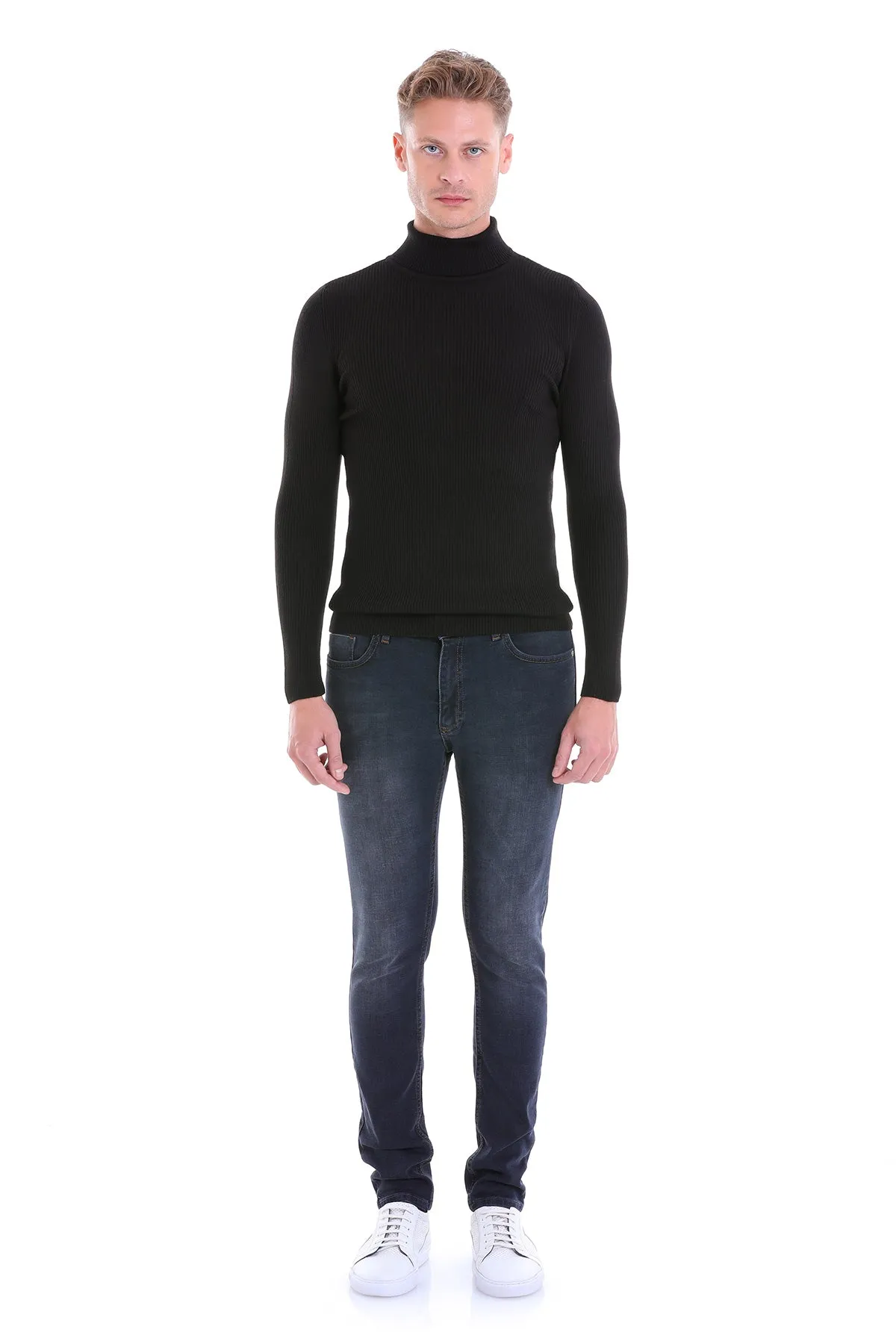 Comfort Fit Wool Blend Black Turtleneck Sweater