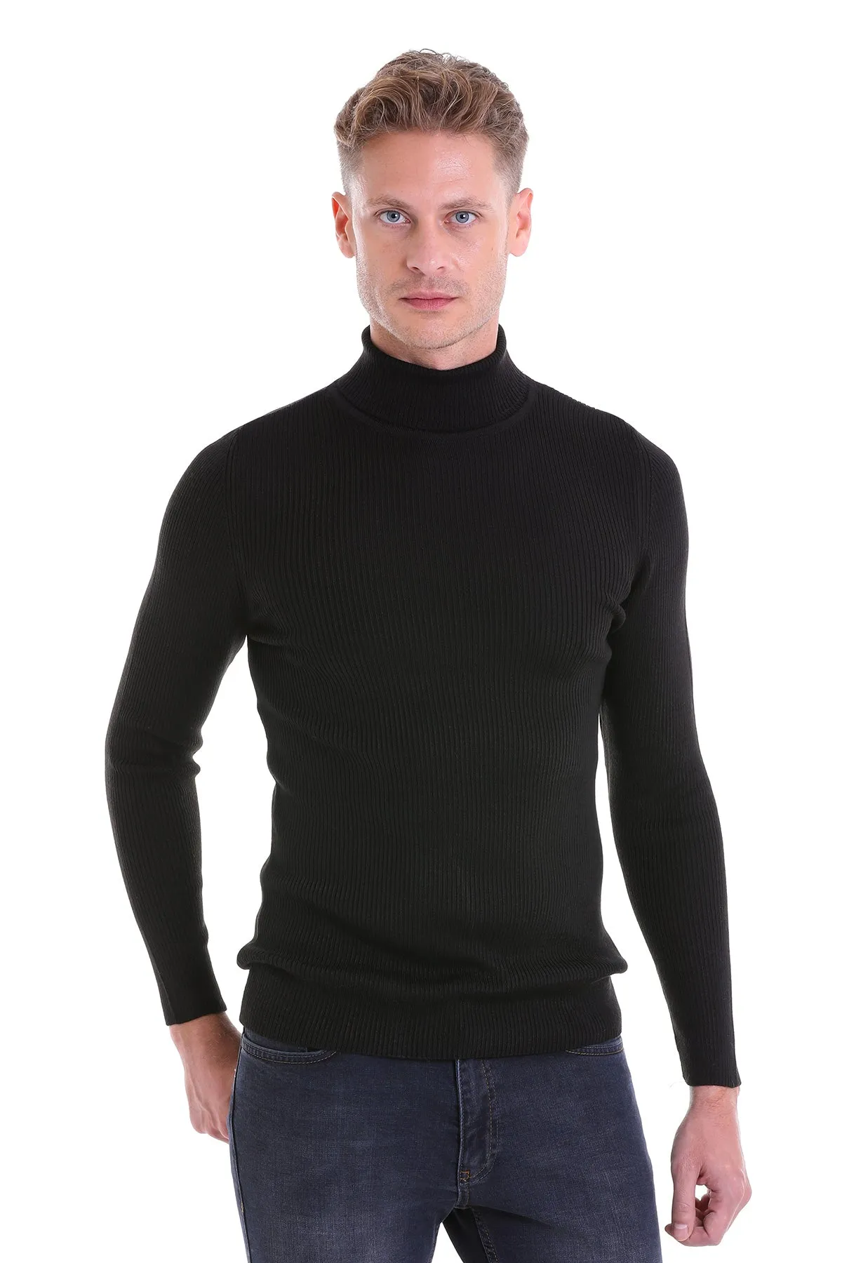 Comfort Fit Wool Blend Black Turtleneck Sweater