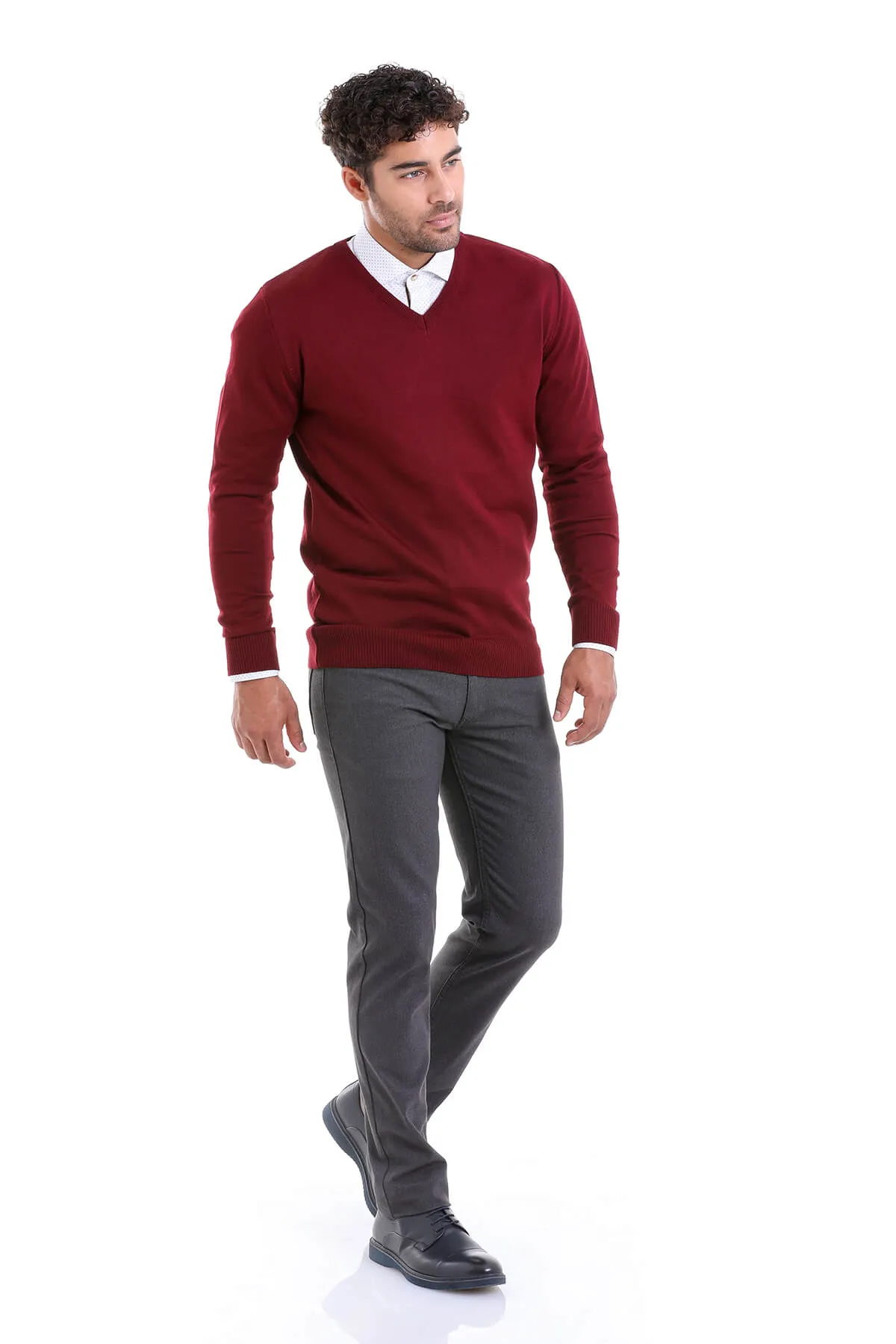 Comfort Fit Wool Blend Burgundy V-Neck Sweater