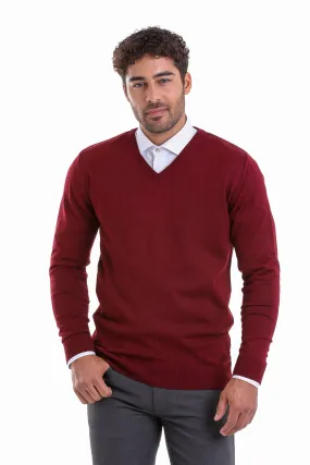 Comfort Fit Wool Blend Burgundy V-Neck Sweater