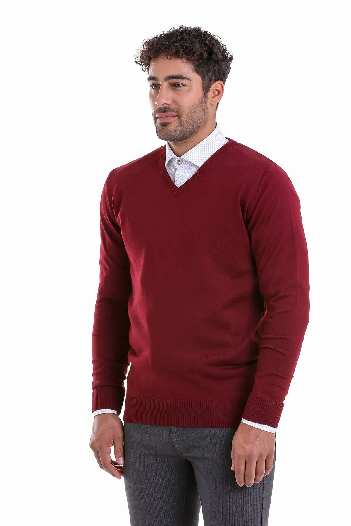 Comfort Fit Wool Blend Burgundy V-Neck Sweater