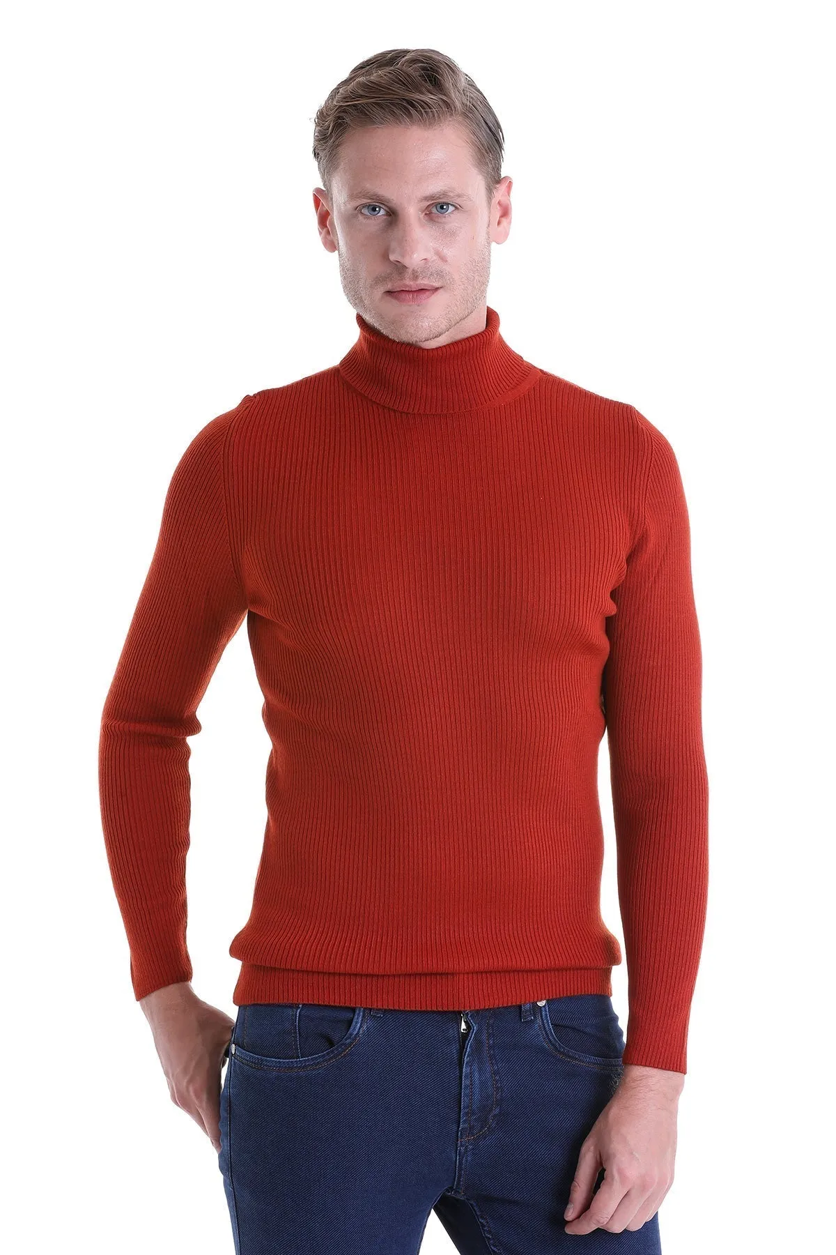 Comfort Fit Wool Blend Orange Turtleneck Sweater