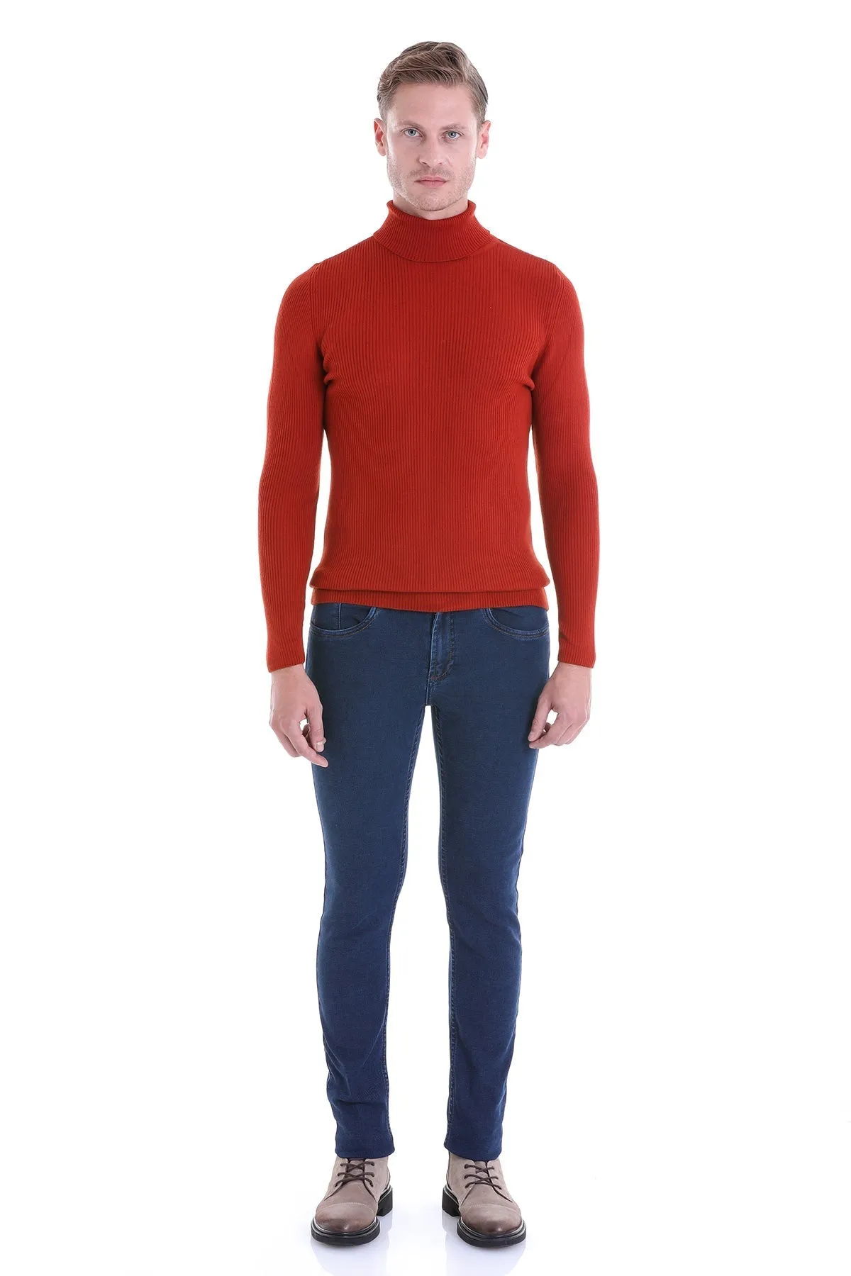 Comfort Fit Wool Blend Orange Turtleneck Sweater