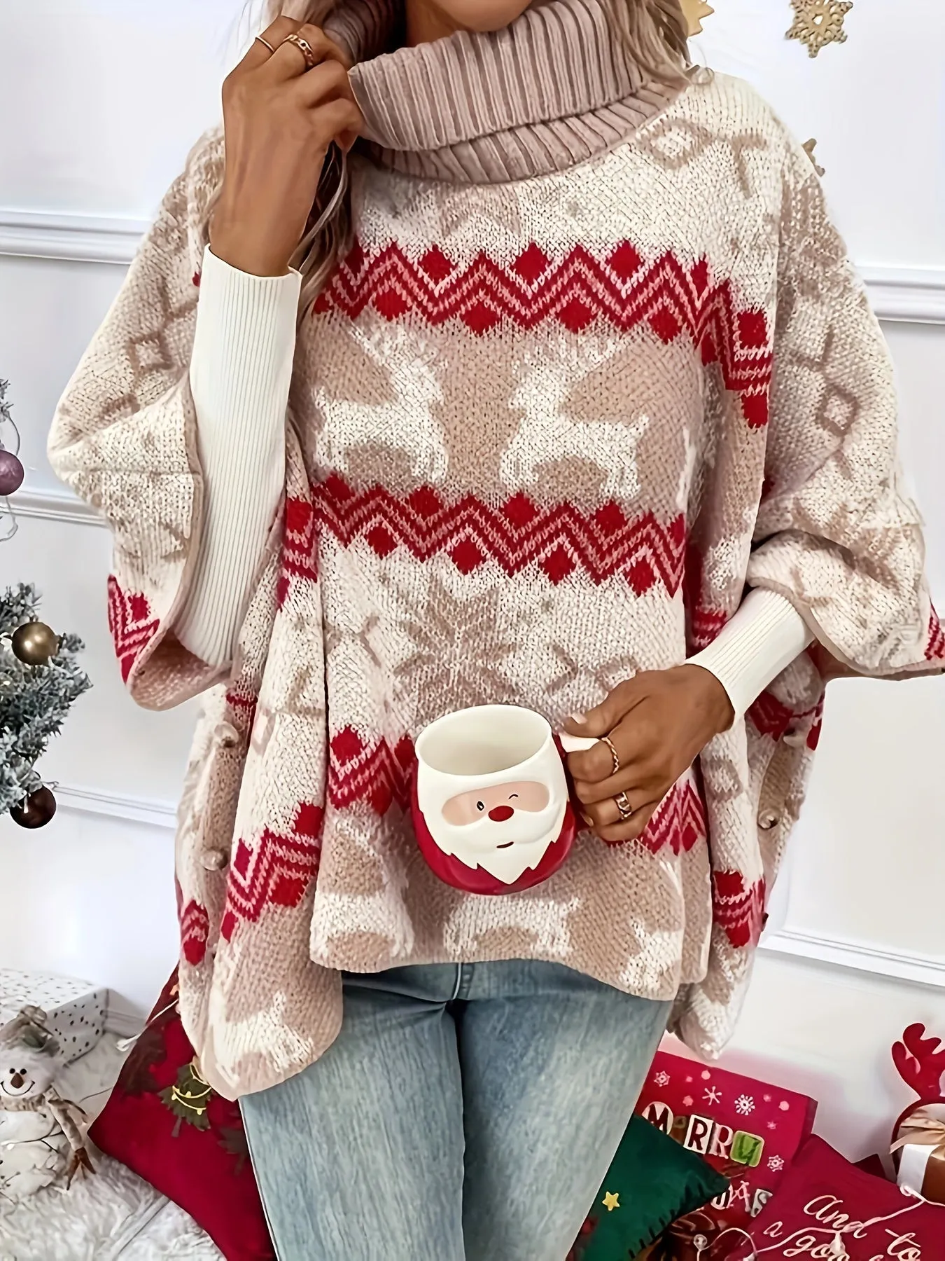 Cozy Plus-Size Christmas Tree Print Turtleneck Sweater for Women - Casual Polyester Knit, Perfect for Fall/Winter