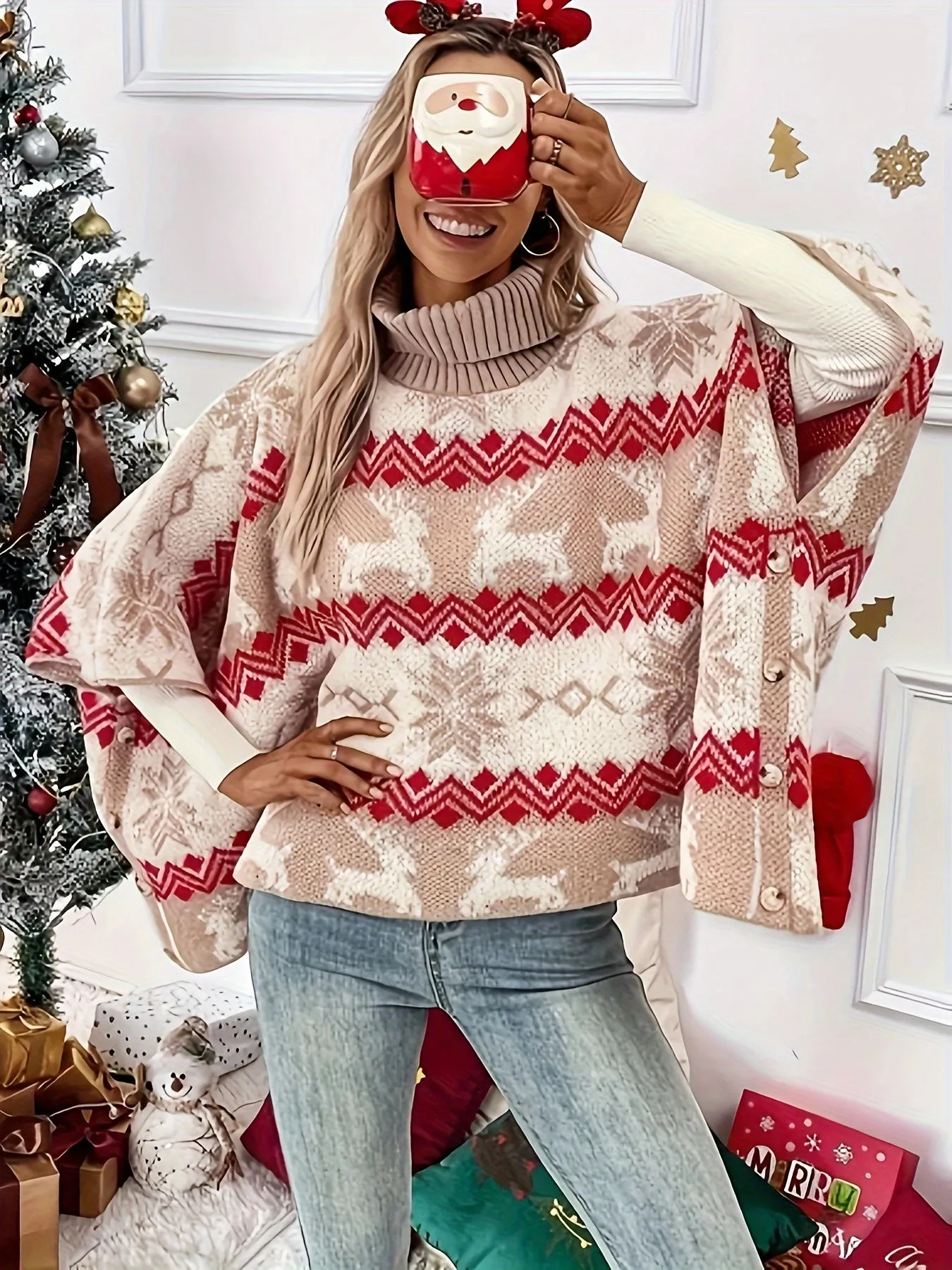 Cozy Plus-Size Christmas Tree Print Turtleneck Sweater for Women - Casual Polyester Knit, Perfect for Fall/Winter