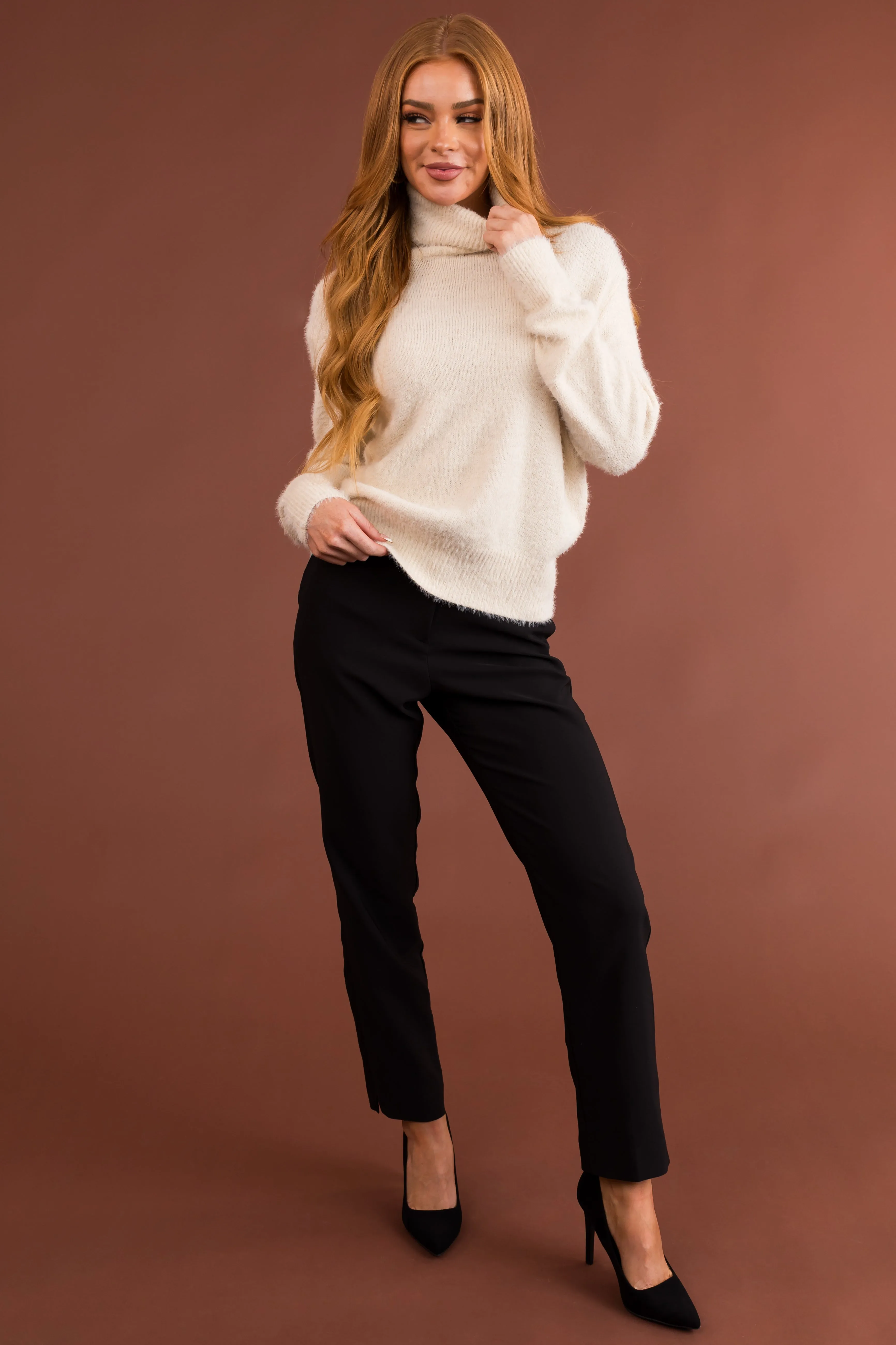 Cream Fuzzy Long Sleeve Turtleneck Sweater