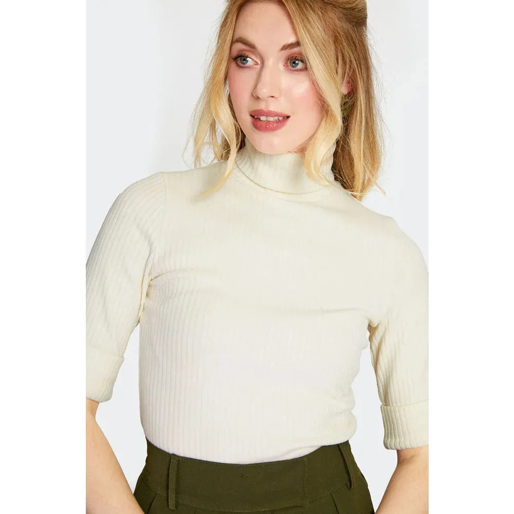 Cream Half Sleeve Roll Neck Sweater