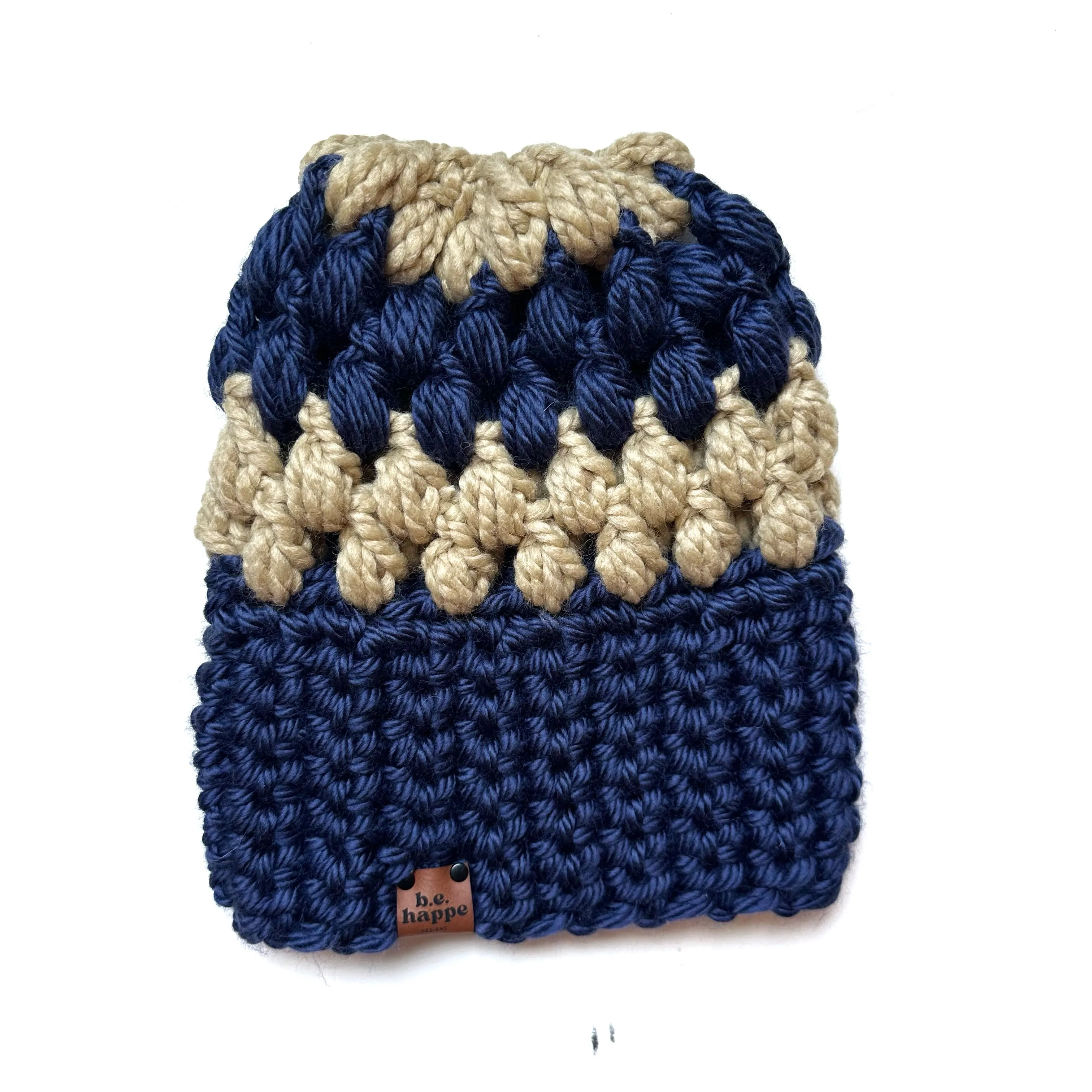 Crochet Puff Stitch Slouch Hat | Blue   Tan