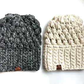 Crochet Puff Stitch Slouch Hat Bundle | Licorice   Cream