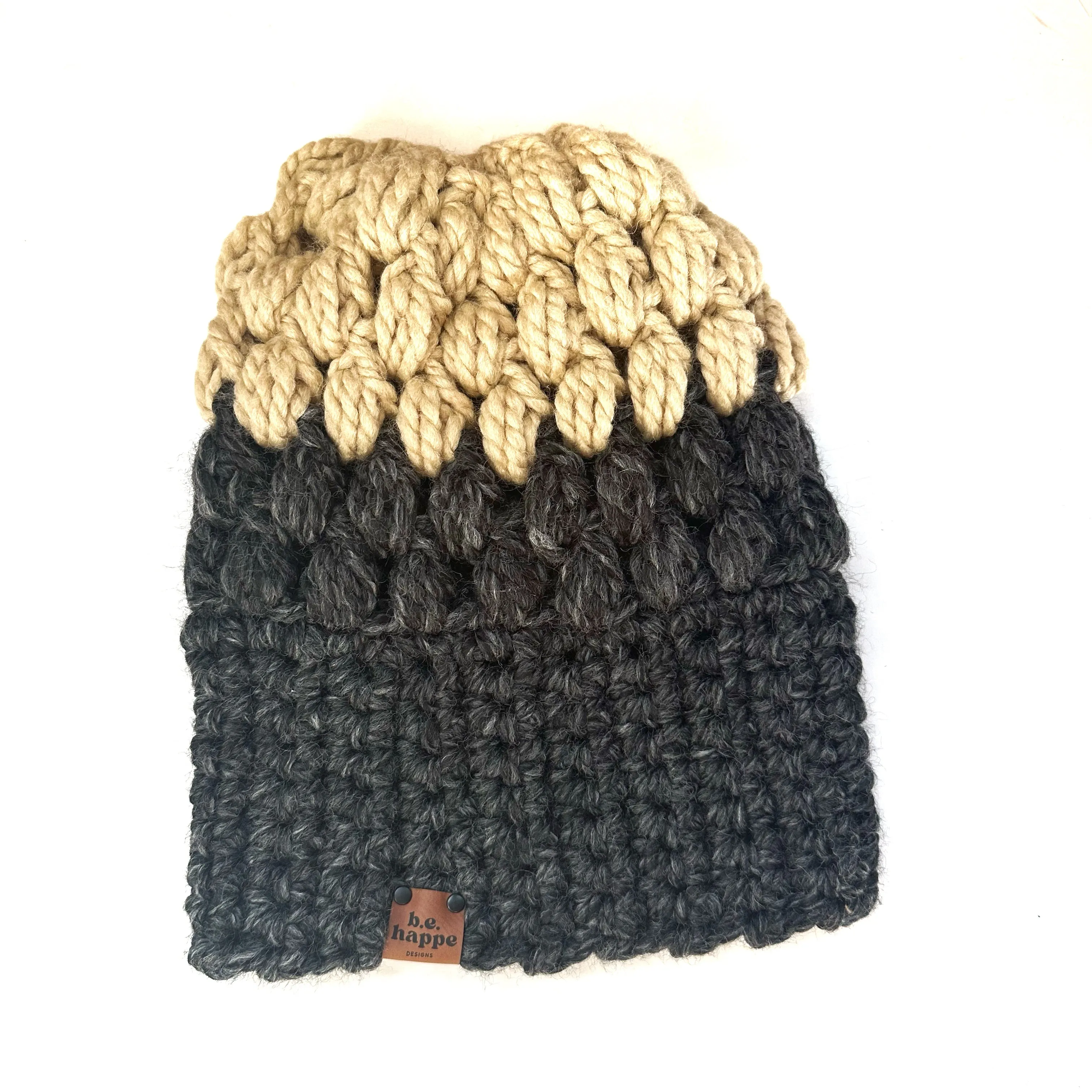 Crochet Puff Stitch Slouch Hat | Charcoal   Tan