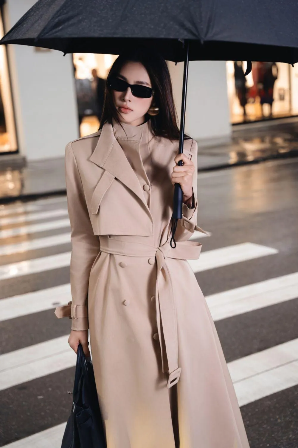 Dolyn A-line Belt Strap Polyester Spandex Calf Length Trench Coat