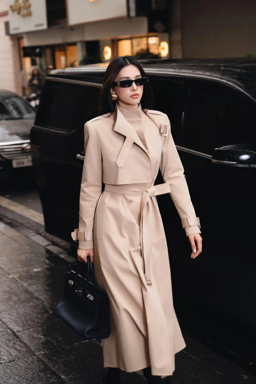 Dolyn A-line Belt Strap Polyester Spandex Calf Length Trench Coat