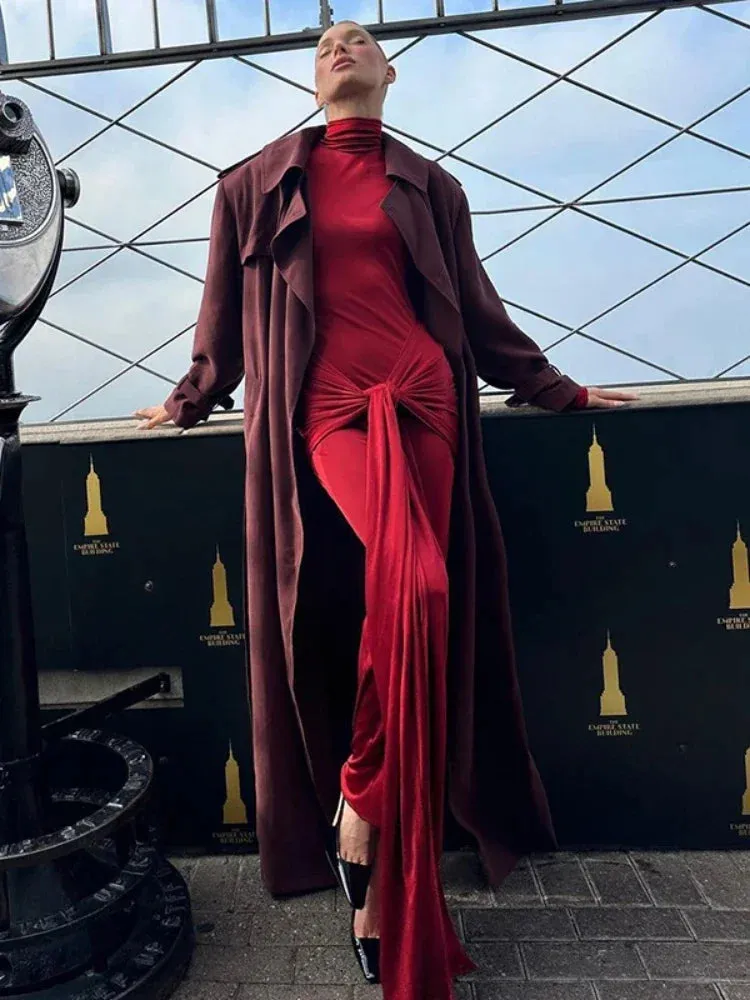 Draped Turtleneck Long Sleeve Maxi Dresses for Women 2023 Autumn Winter Elegant Red Evening Dress Party C92-DI62