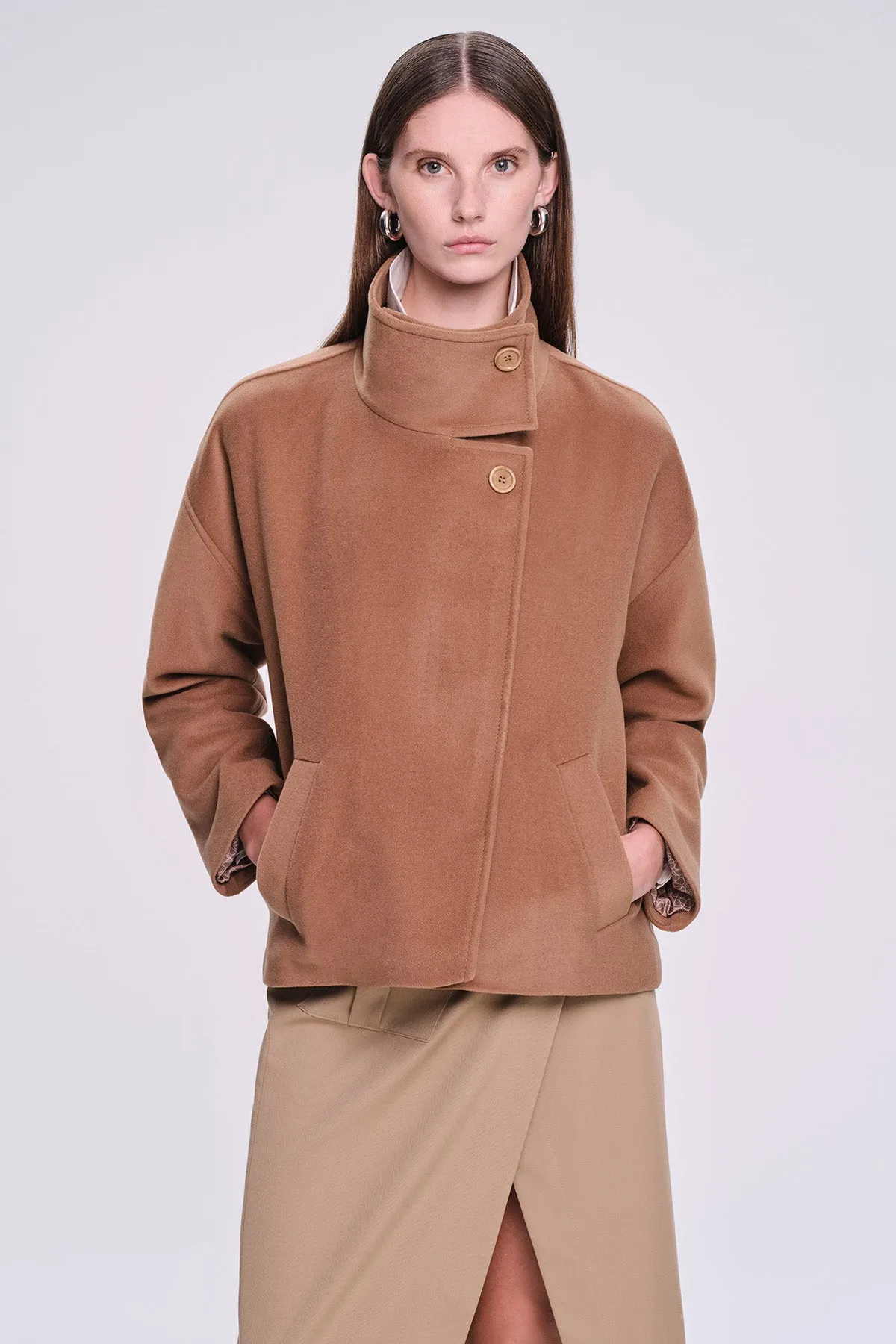 Dynamic Fit Cachet Stand Collar Wool Blend Camel Coat