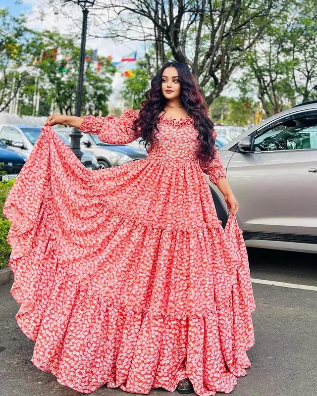 Elegant Colorful Ethiopian Shiffon Dress Stylish Habesha Chiffon Dress